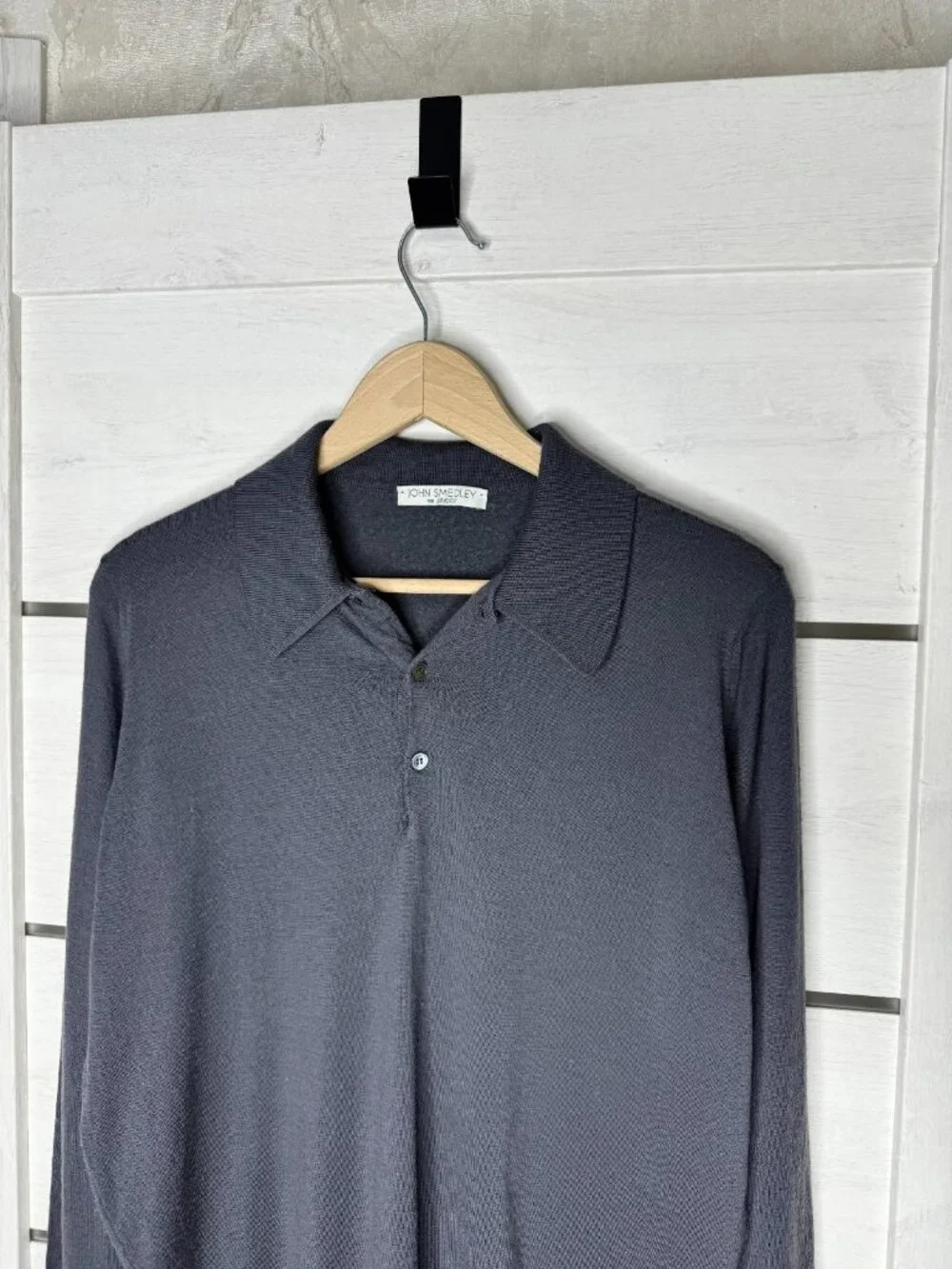 JOHN SMEDLEY For Berk L Charcoal Gray Merino Wool Long Sleeve Knit Polo England